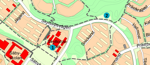 Översikt placering av paviljonger Skyttorp och Södra Vitsippan