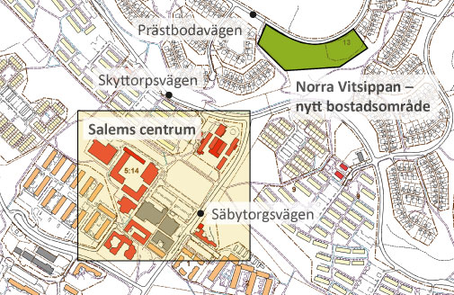 Kartbild över Salems centrum och det nya bostadsområdet